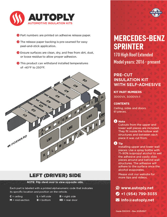 Van Insulation Kit for Mercedes Benz Sprinter 170 High Roof Extended A3000VX-1