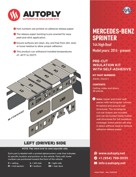 Van Insulation Kit for Mercedes Benz Sprinter 144 High Roof A3144V-1