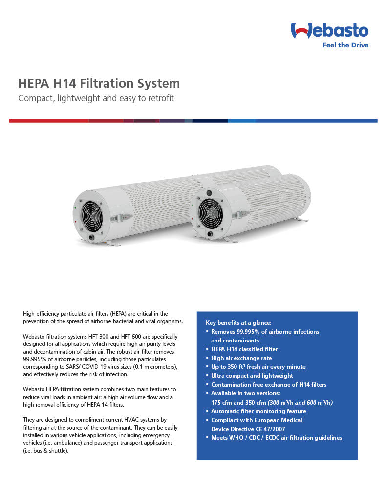 Webasto Hft300 Vehicular Hepa Filtration System Installation Kit 6245612A Filter