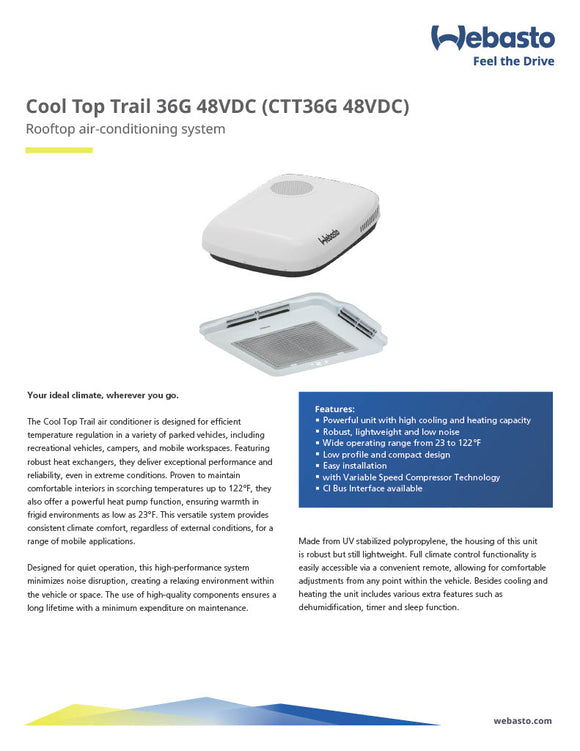 Webasto AC Unit 48vdc Self Contained Rooftop Mount Heat Pump Cool Top Trail 36G