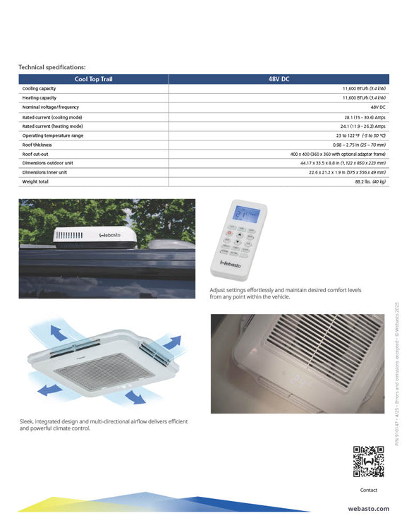 Webasto AC Unit 48vdc Self Contained Rooftop Mount Heat Pump Cool Top Trail 36G