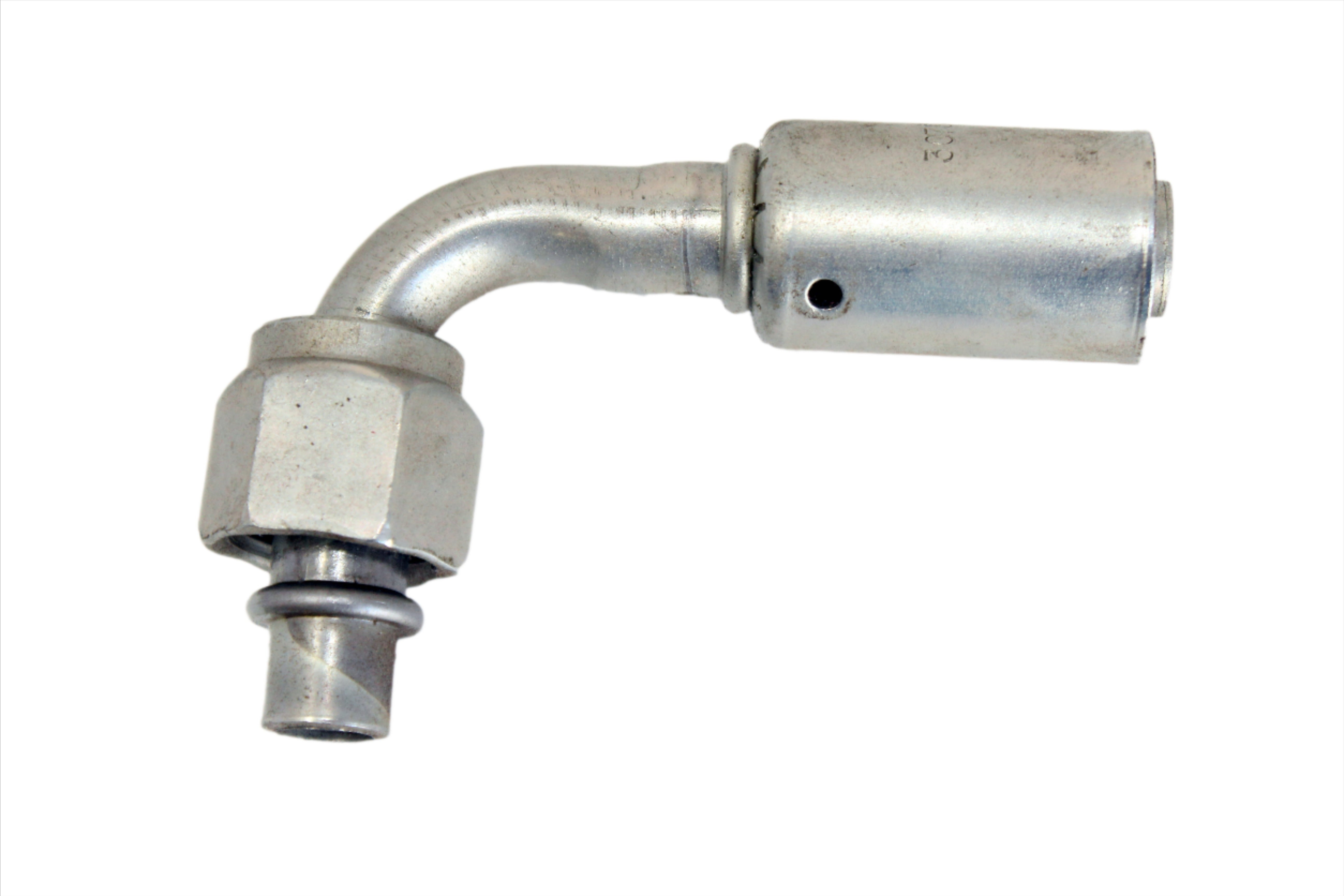 AC Beadlock Fitting - 90 Degree Female #8 Nut / #8 Hose, 16mm Service Port, Steel
