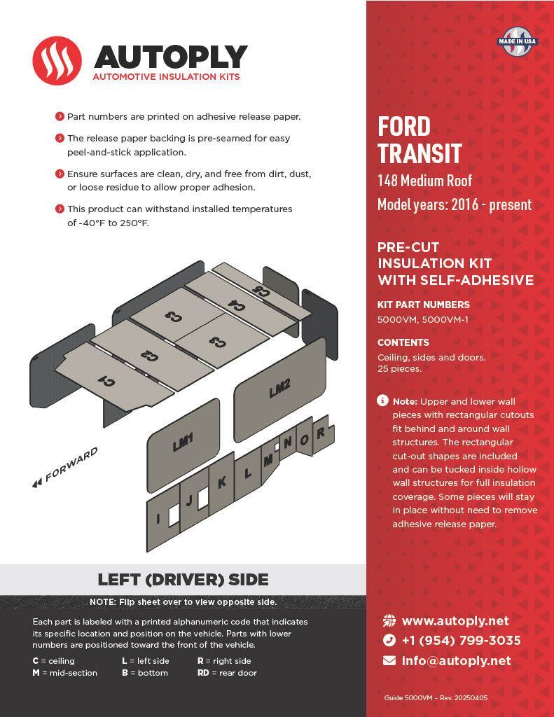 Van Insulation Kit for Ford Transit 148 Medium Roof A5000VM-1