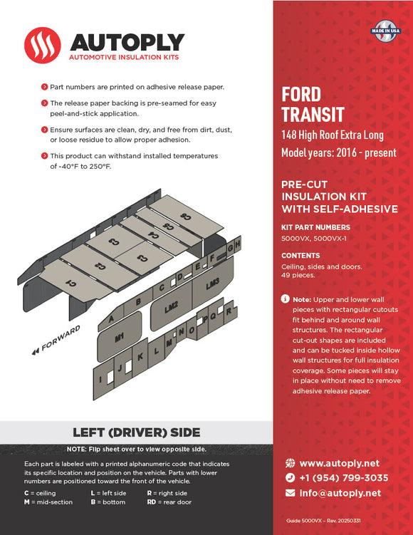 Van Insulation Kit for Ford Transit 148 High Roof Extra Long A5000VX-1