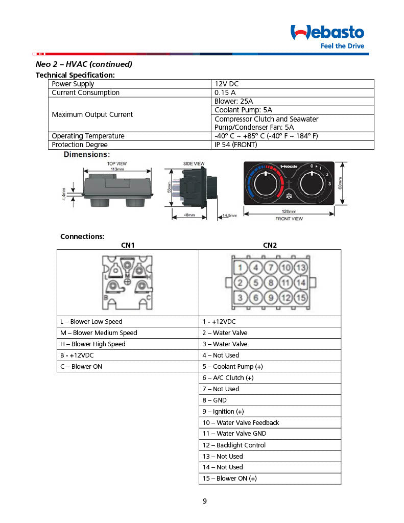 Webasto NEO 2 HVAC Control Panel Assembly 5012813B | VMACSINC