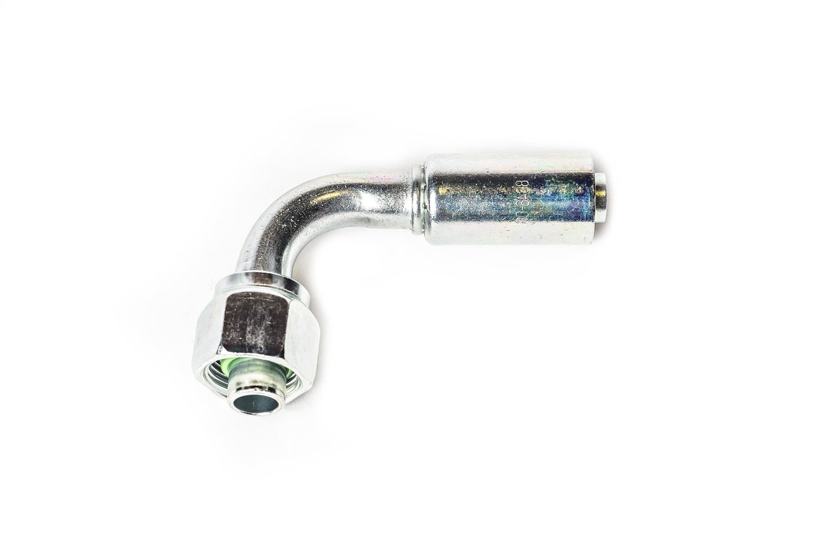 AC Beadlock Fitting - 90 Degree Female #8 Nut / #8 Hose, 16mm Service Port, Steel
