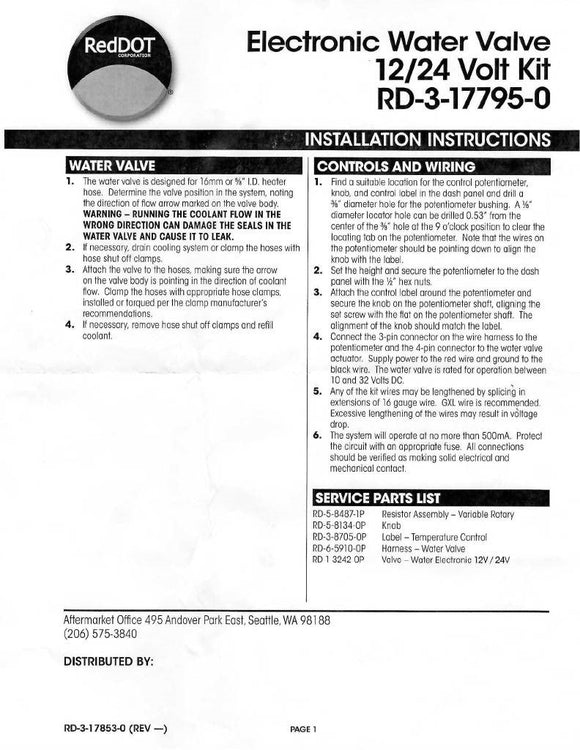 Electric Water Valve Heater Control Kit For 12V And 24V 72R7115