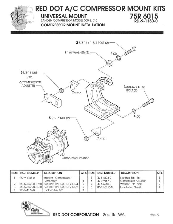 Ac Compressor Universal Sanden Mounting Bracket 75R6015 Kit