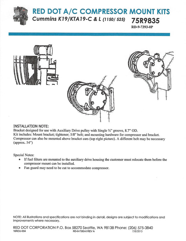 AC Compressor Mount Kit for Cummins K19, KTA19-C and L Engines 75R9835 - 4
