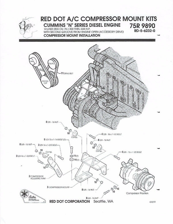 AC Compressor Mount Kit for Cummins "N" Series Engines 75R9890 - 3