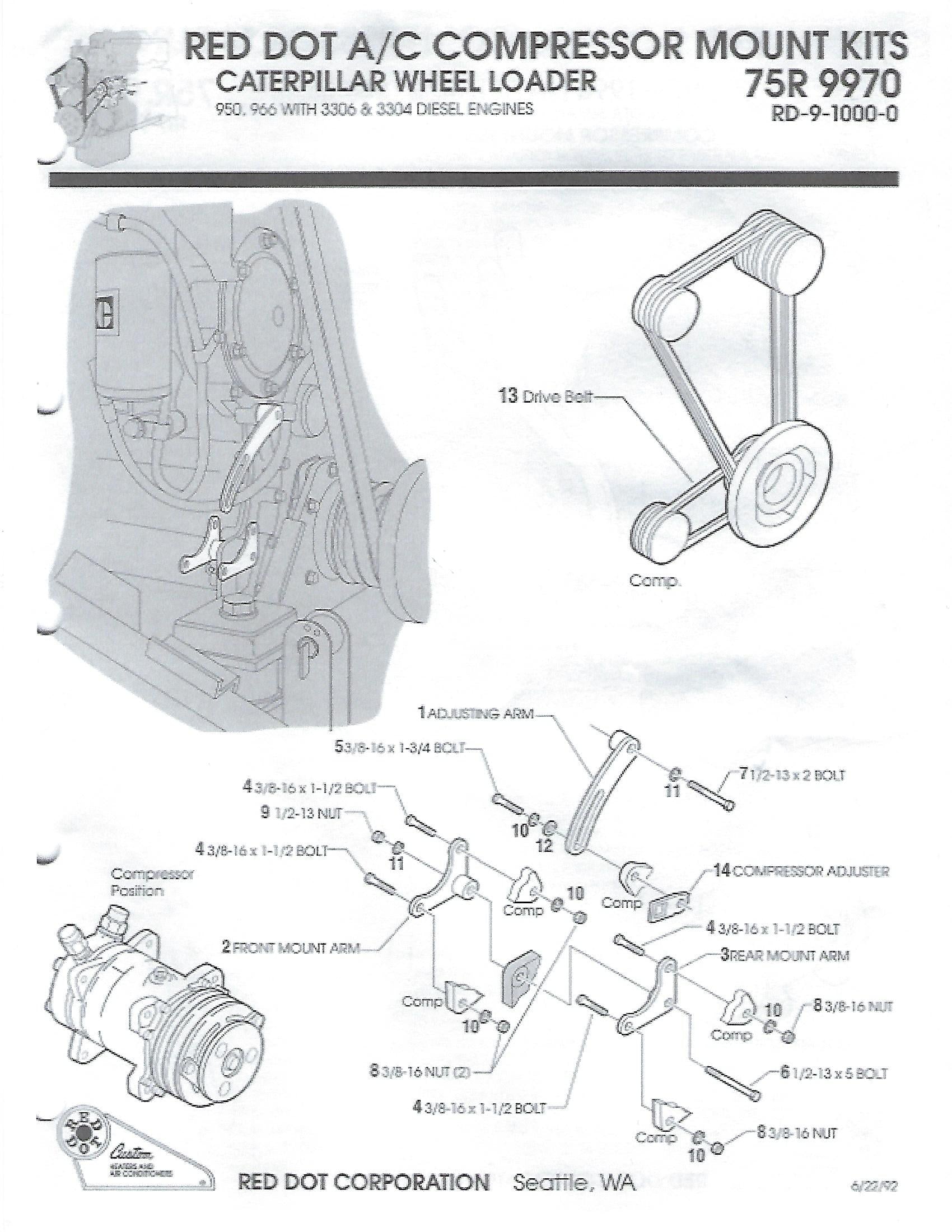 AC Compressor Mount Kit for Caterpillar 3304 and 3306 Engines 75R9970 ...