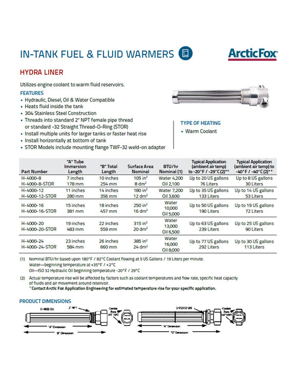 Arctic Fox Hydra Liner In-Tank Fluid Warmer H-4000-20