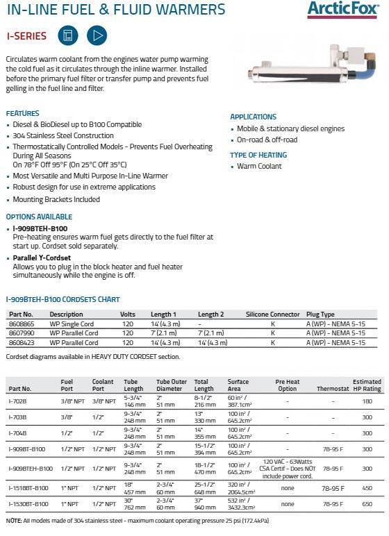 Arctic Fox In Line Fuel and Fluid Warmer I-1530BT-B100