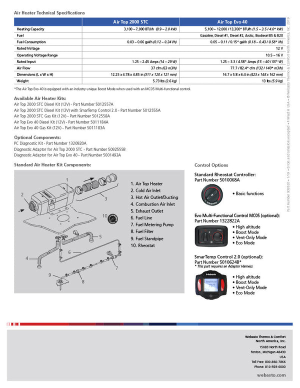Webasto Air Top 2000 STC 2kW Truck Bunk Heater Deluxe Kit Smartemp 3.0BT  90-3-0018