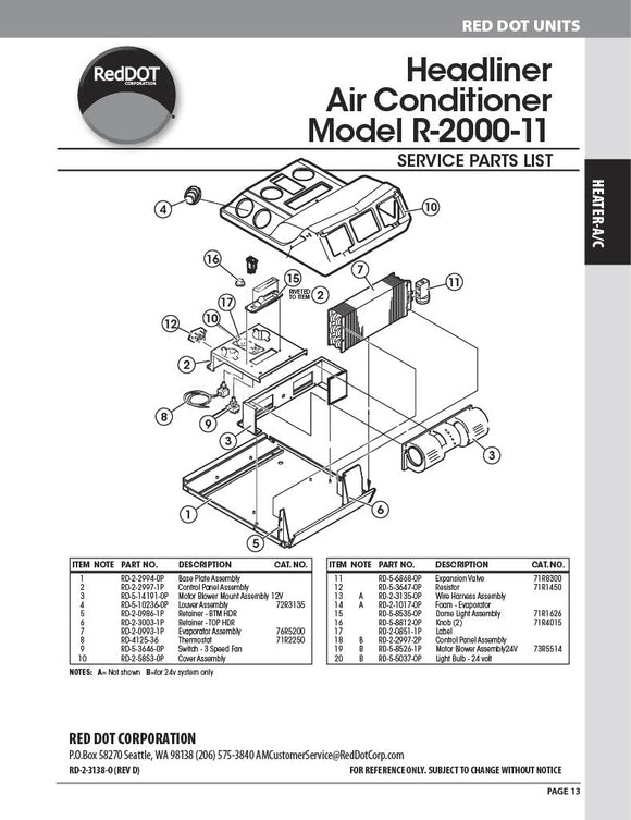 Red Dot Ac Evaporator Unit 12V Ceiling Mount R-2000-11P Units