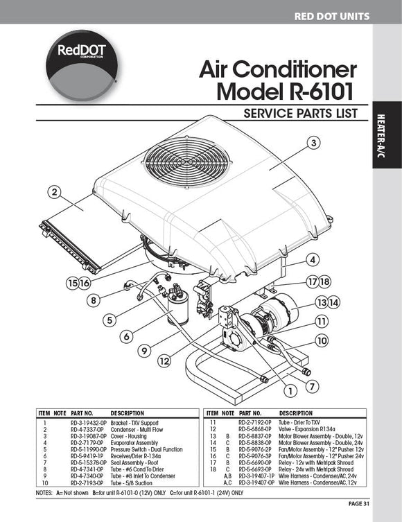 Red Dot Ac Unit 12V Rooftop Mount R-6101-0P A/C