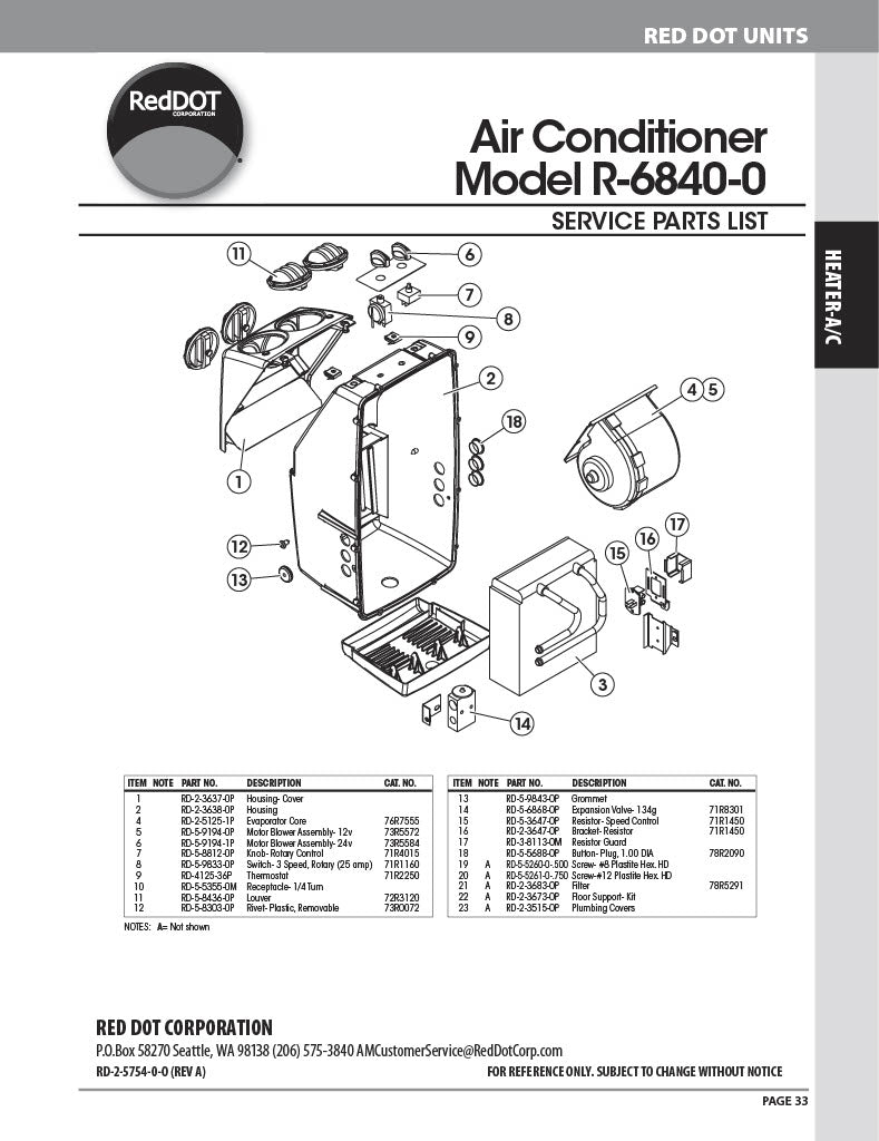 Red Dot Ac Evaporator Unit 12V Wall Mount R-6840-0P A/C