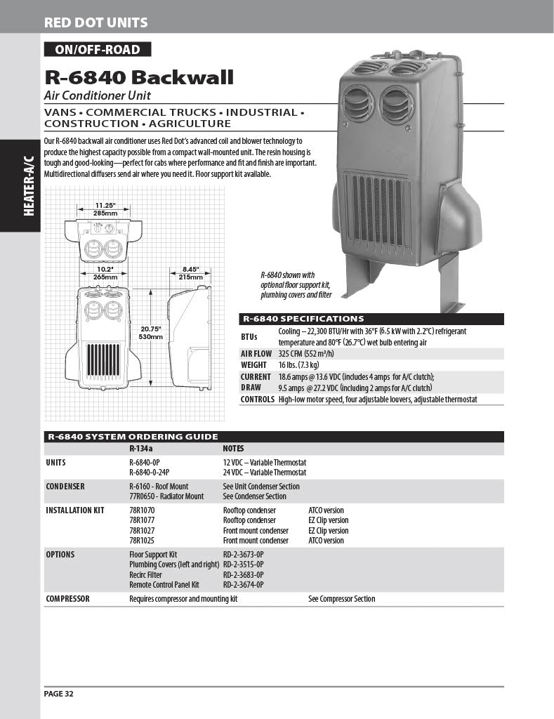 Red Dot Ac Evaporator Unit 12V Wall Mount R-6840-0P A/C