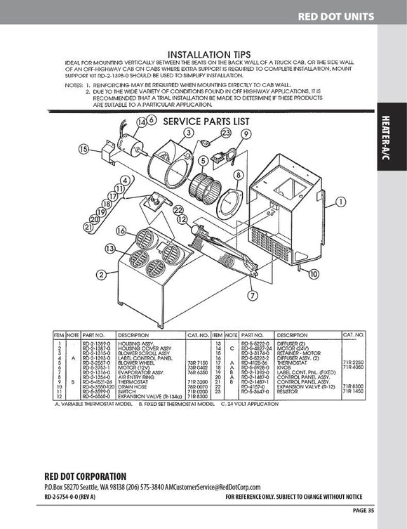 Red Dot Ac Evaporator Unit 12V Wall Mount R-7830-0P A/C