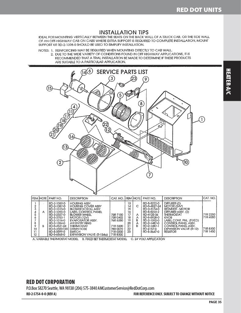 Red Dot Ac Evaporator Unit 24V Wall Mount R-7830-0-24P A/C