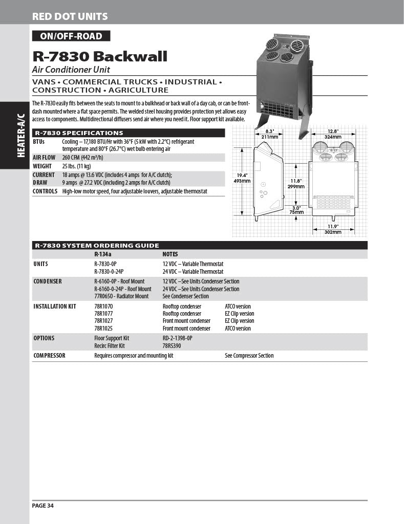 Red Dot Ac Evaporator Unit 24V Wall Mount R-7830-0-24P A/C