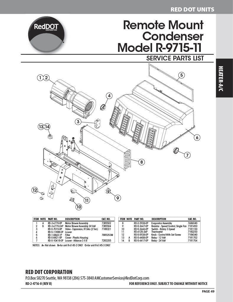 Red Dot Ac Evaporator Unit 24V Ceiling Mount R-9715-11-24P A/C