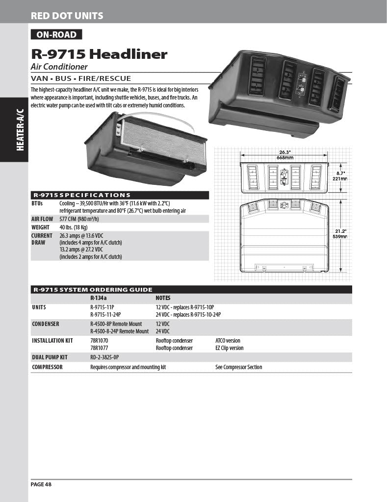 Red Dot Ac Evaporator Unit 12V Ceiling Mount R-9715-11P A/C