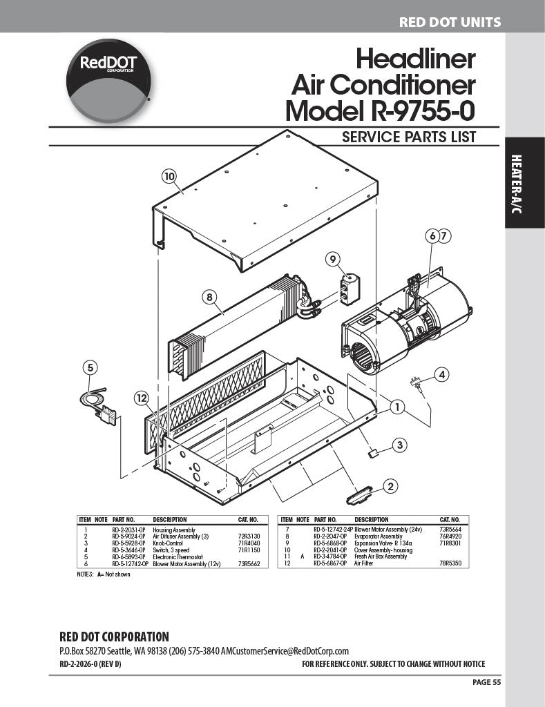 Red Dot Ac Evaporator Unit 24V Ceiling Mount R-9755-0-24P A/C