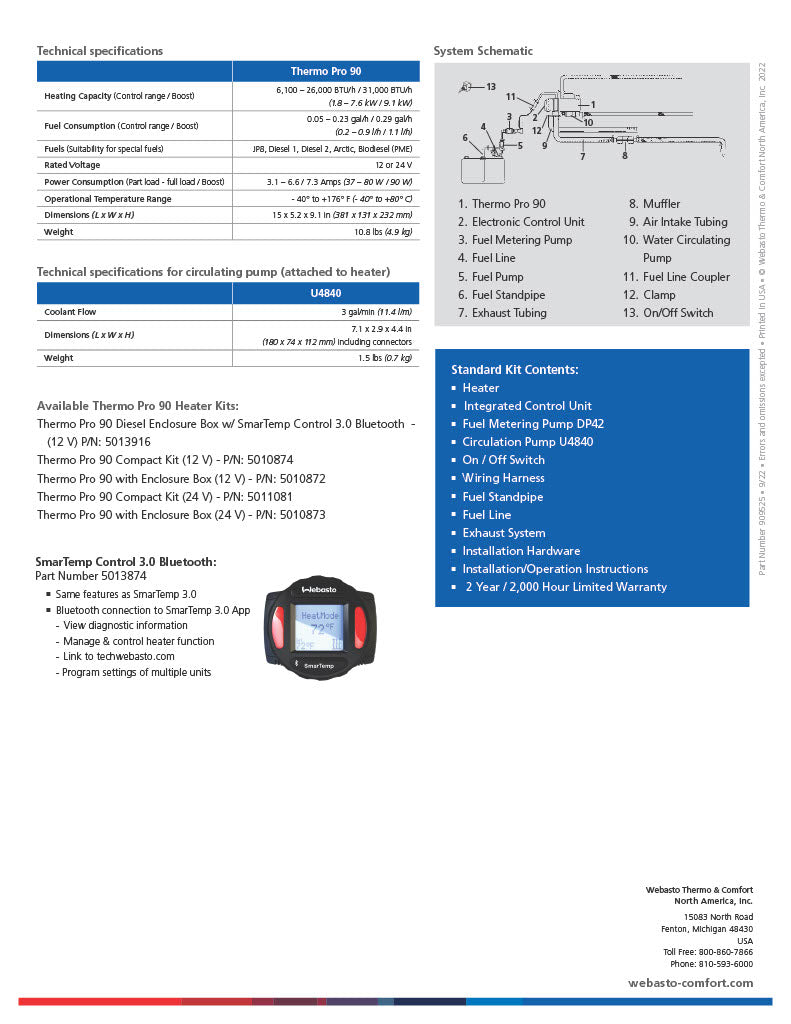 Webasto Thermo Pro 90 12V Coolant Heater Compact Kit 5010874A
