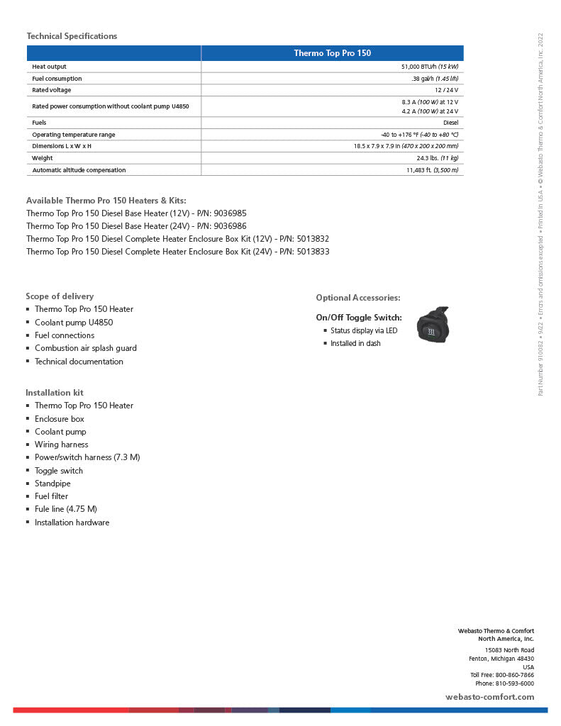 Webasto Thermo Top Pro 150 Diesel 24V Coolant Heater Enclosure Box Kit 5013833A