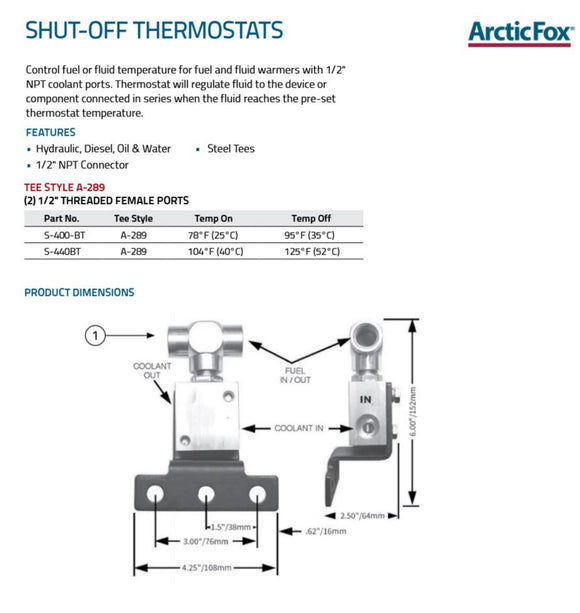 Arctic Fox Fuel and Fluid Warmer Shut Off Thermostat S-400-BT