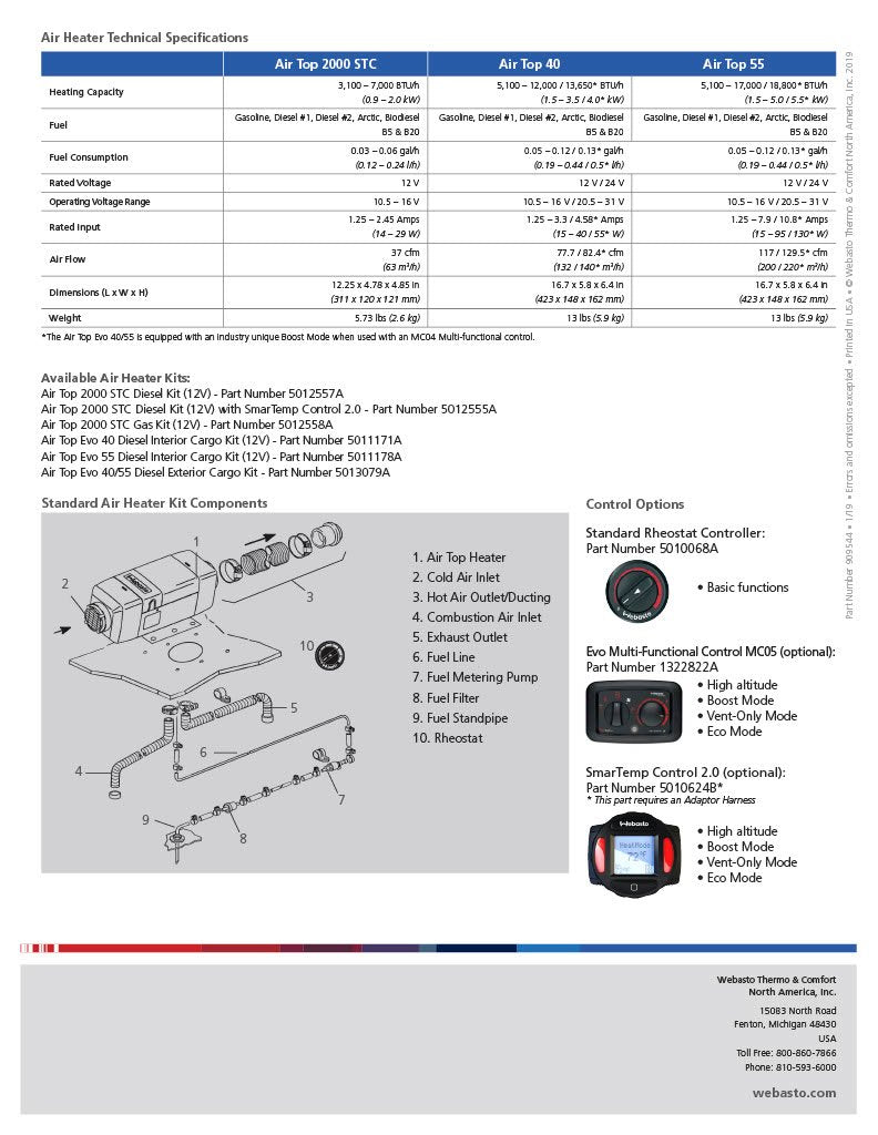 Webasto Air Top Evo 55 12V 5.5Kw Diesel Heater Smartemp 3.0Bt 5013910A Kit
