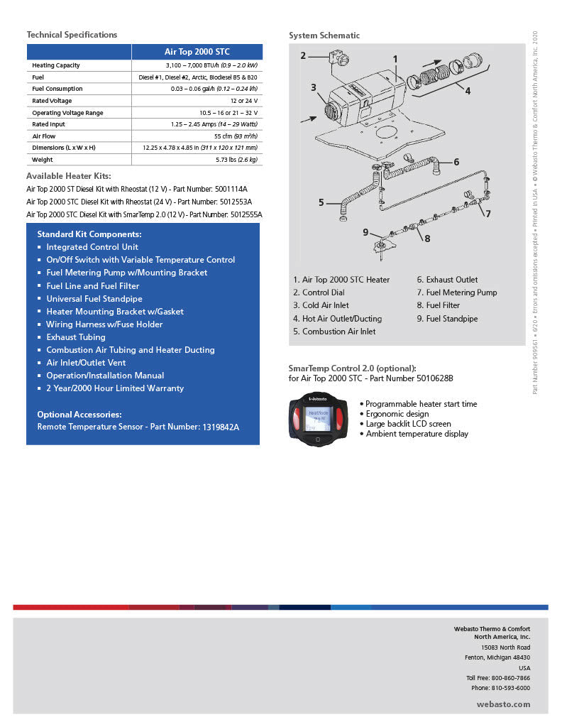 Webasto Air Top 2000 Stc 2Kw Truck Bunk Heater Deluxe Kit Smartemp 3.0Bt 90-3-0018