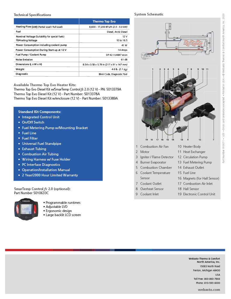 Webasto Thermo Top Evo Diesel 12V Coolant Heater Smartemp 3.0Bt Kit 5013920A