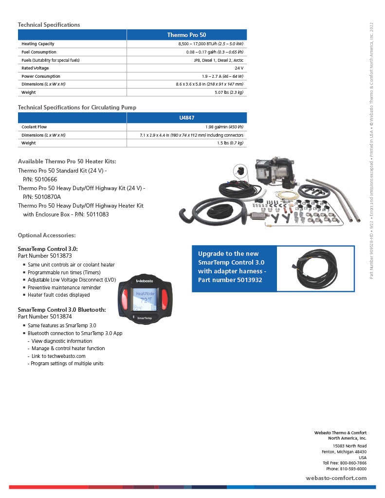 Webasto Thermo Pro 50 Coolant Heater Heavy Duty Off Road Kit 5010870B